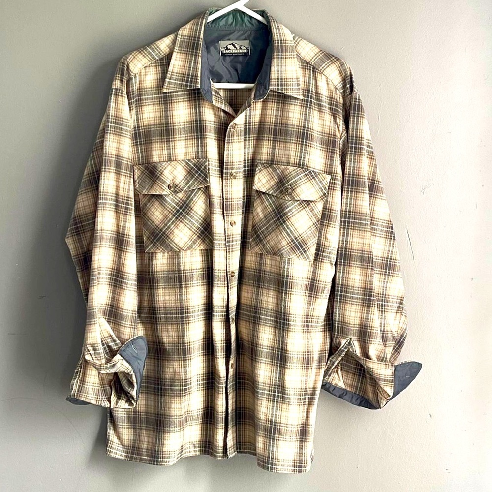 VTG Backpacker Outdoors Plaid Flannel Shirt Men's Size L Tan/Cream Long Sleeves‎